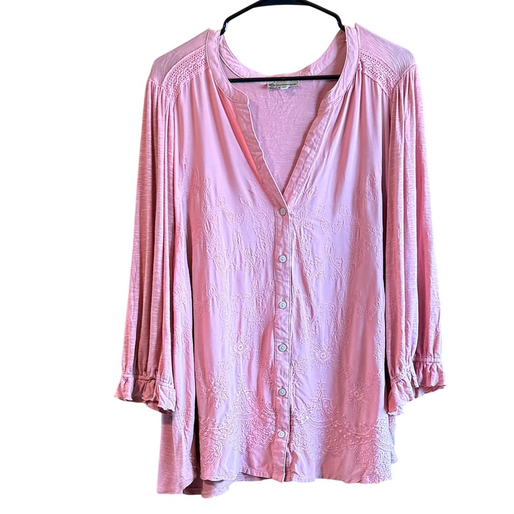 Democracy 3X Light Pink Embroidered Button Down Blouse Boho 3/4 Sleeves